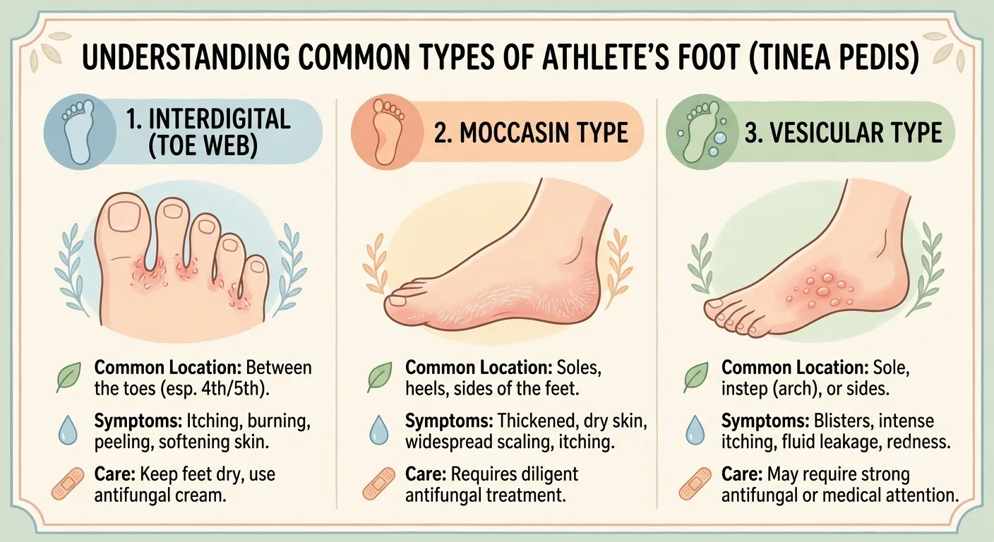 Infographic illustrating the three types of athlete's foot: interdigital, moccasin, and vesicular