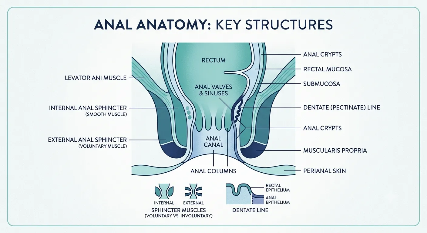 Schematic infographic showing the differences between hemorrhoids, anal fissures, and anal fistulas