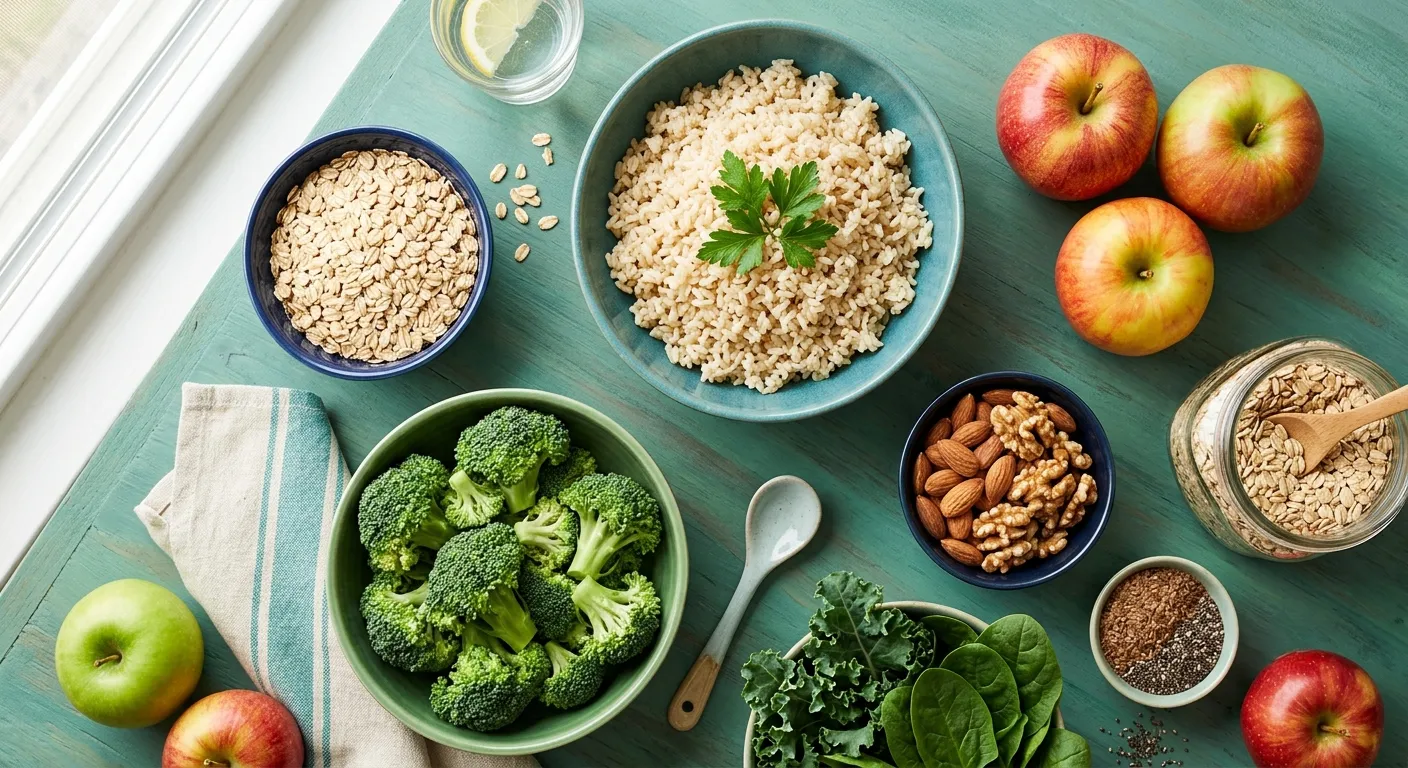 Flat-lay photo of high-fiber healthy foods including brown rice, broccoli, and apples