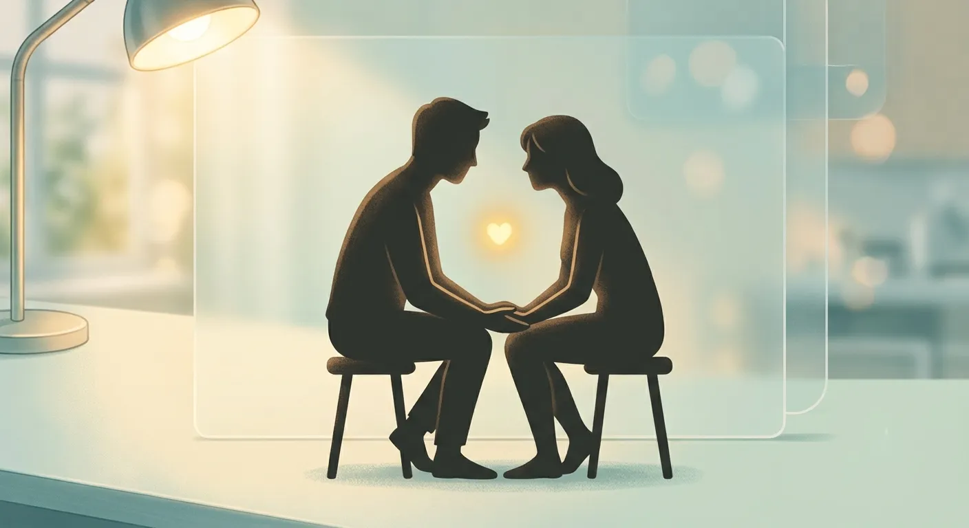Warm minimal illustration of a couple having an honest conversation about sexual health