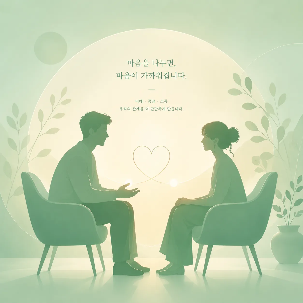 파트너와 성건강에 대해 솔직하게 대화하는 모습을 표현한 따뜻한 톤의 미니멀 일러스트