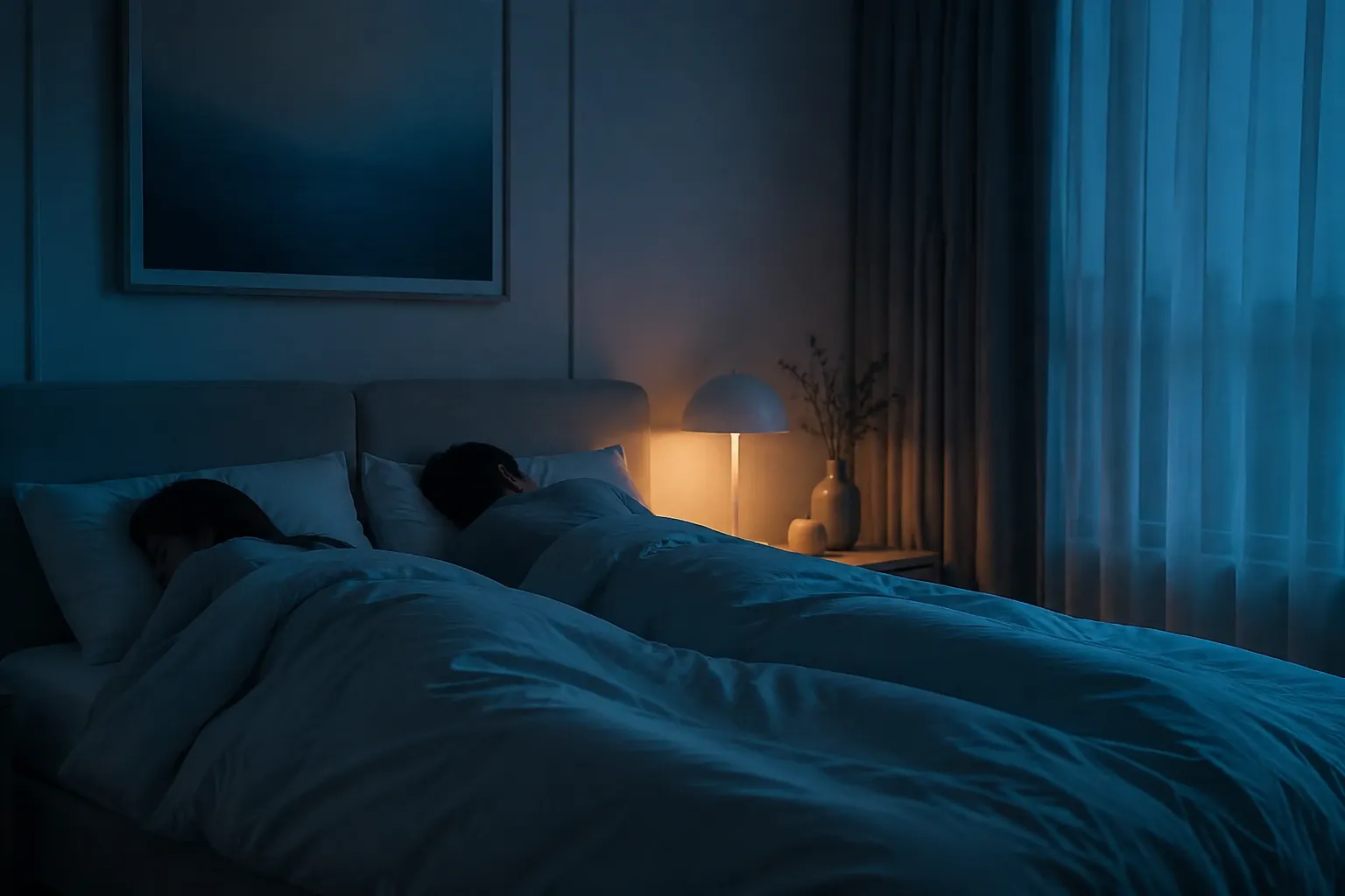 A peaceful bedroom scene representing restful, snore-free sleep