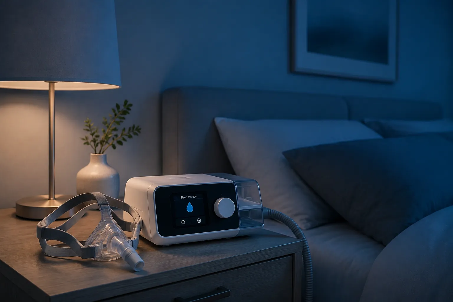 A CPAP machine and mask on a bedside nightstand