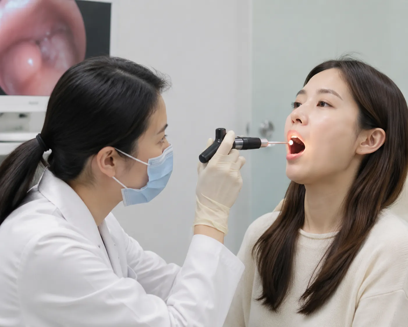 피부과 진료실에서 구강 점막을 확인하는 진찰 장면, 천포창 진단 과정을 보여주는 이미지
