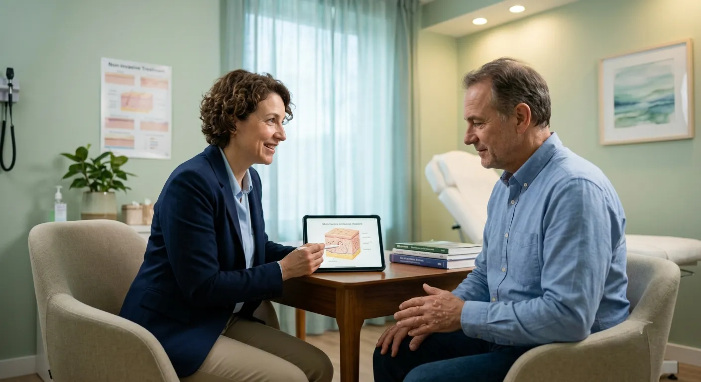 A doctor and patient discussing a treatment plan in a dermatology clinic