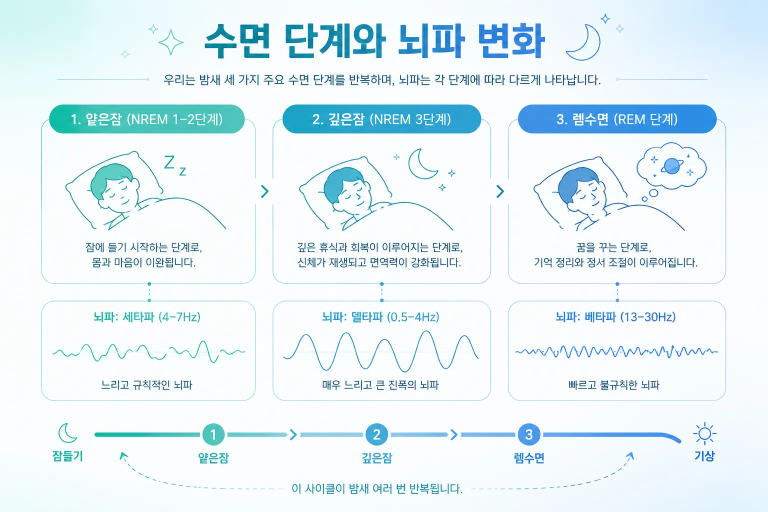 수면 단계별 뇌파 변화를 보여주는 인포그래픽 이미지