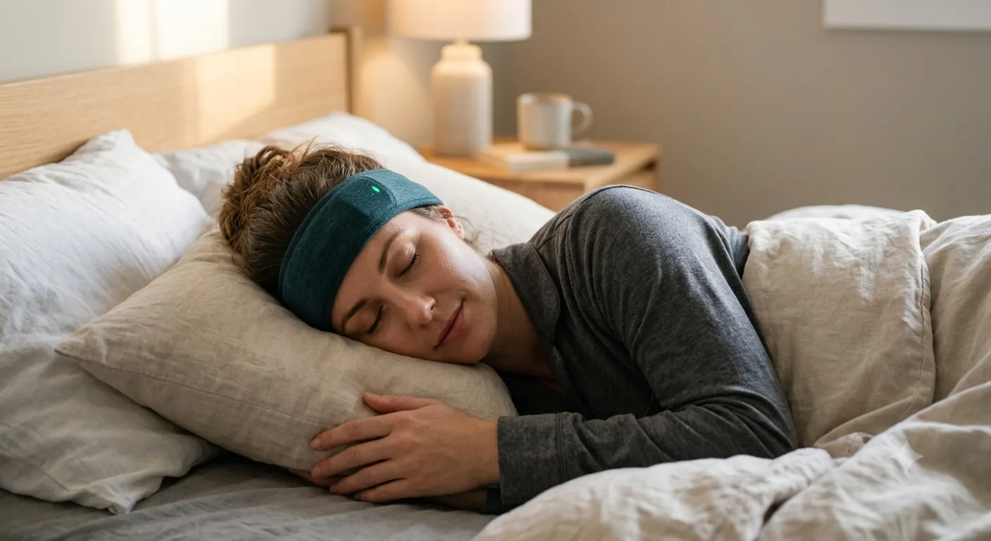 A person wearing a wearable sleep band, resting comfortably