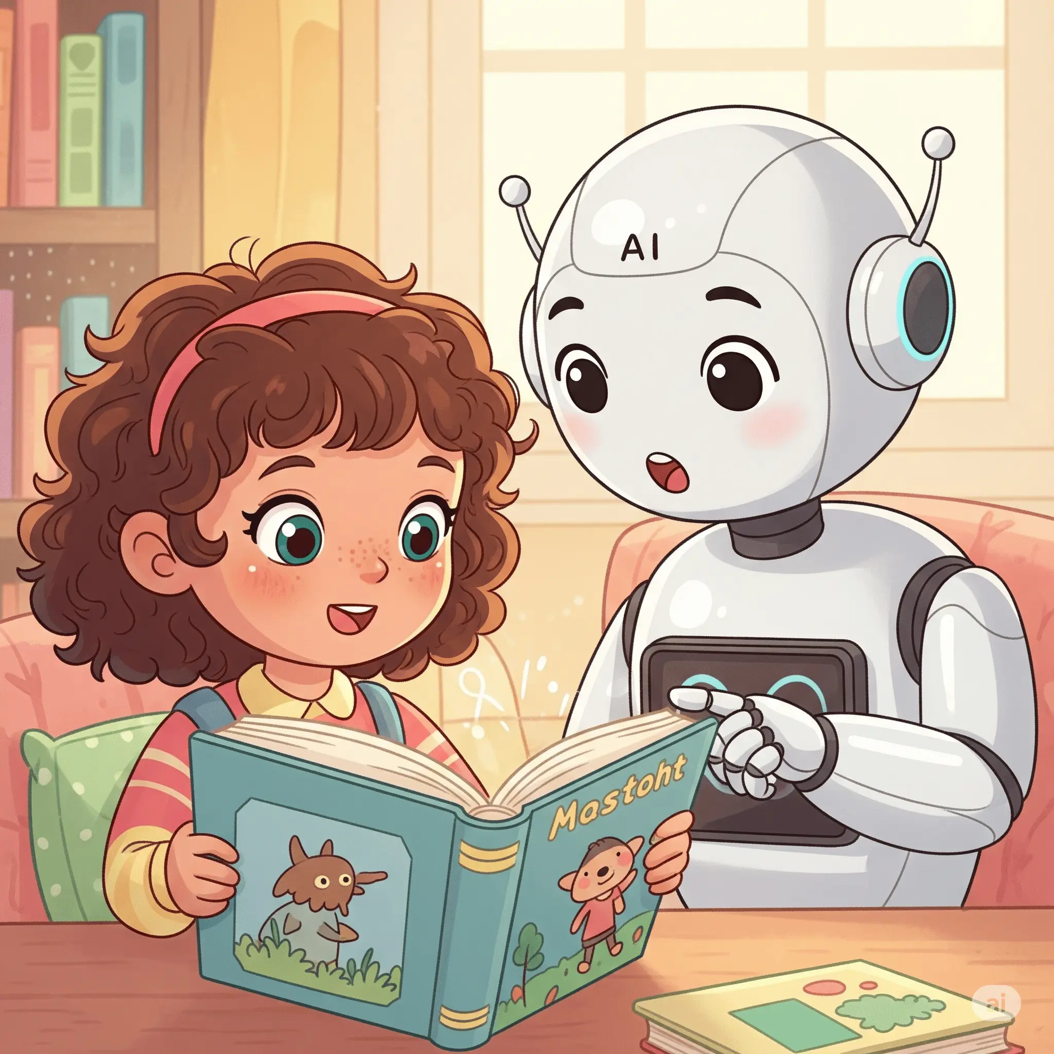 A warm illustration of an AI robot and a child reading a book together, showing a harmonious relationship.