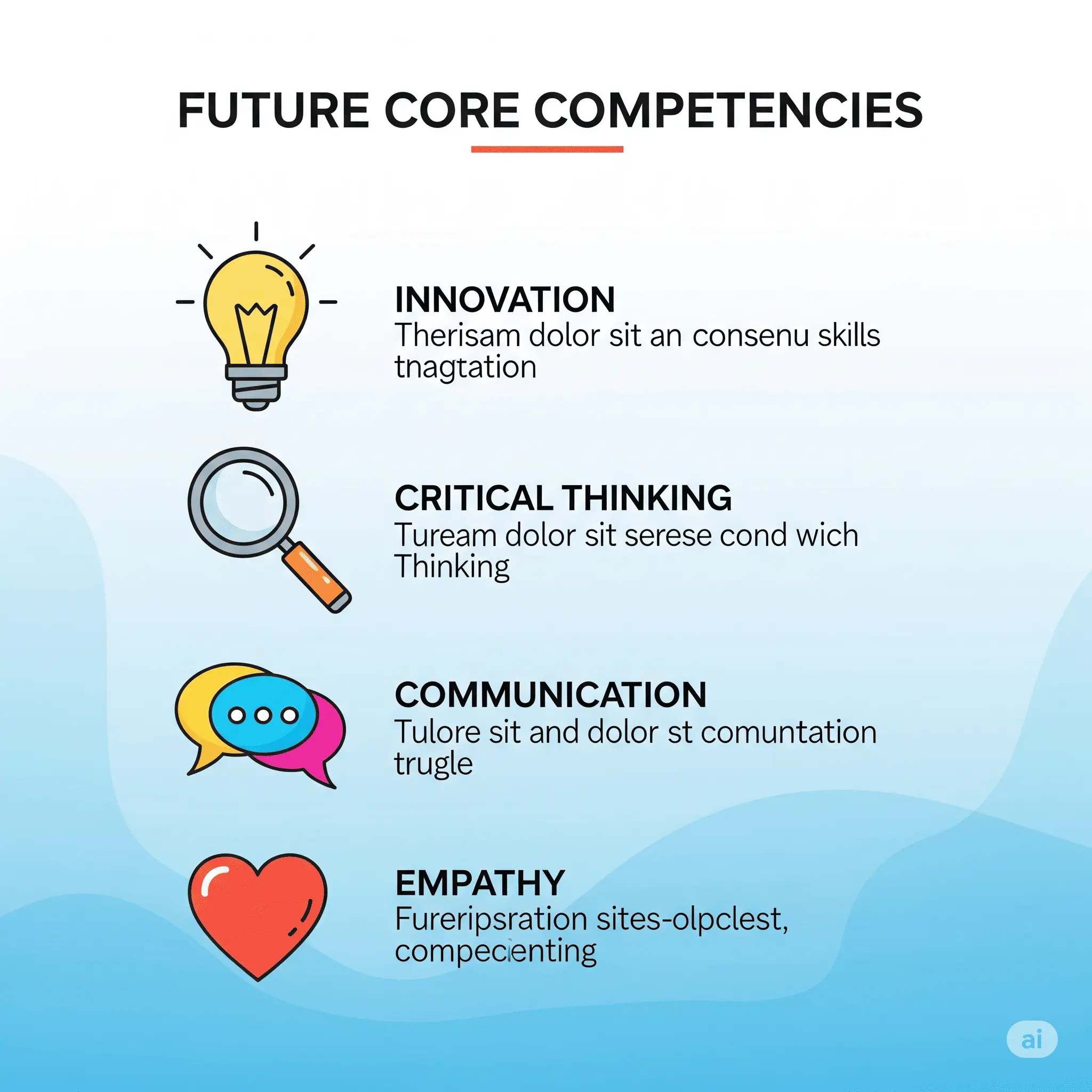 Infographic of future core skills represented by icons: a lightbulb, a magnifying glass, speech bubbles, and a heart.