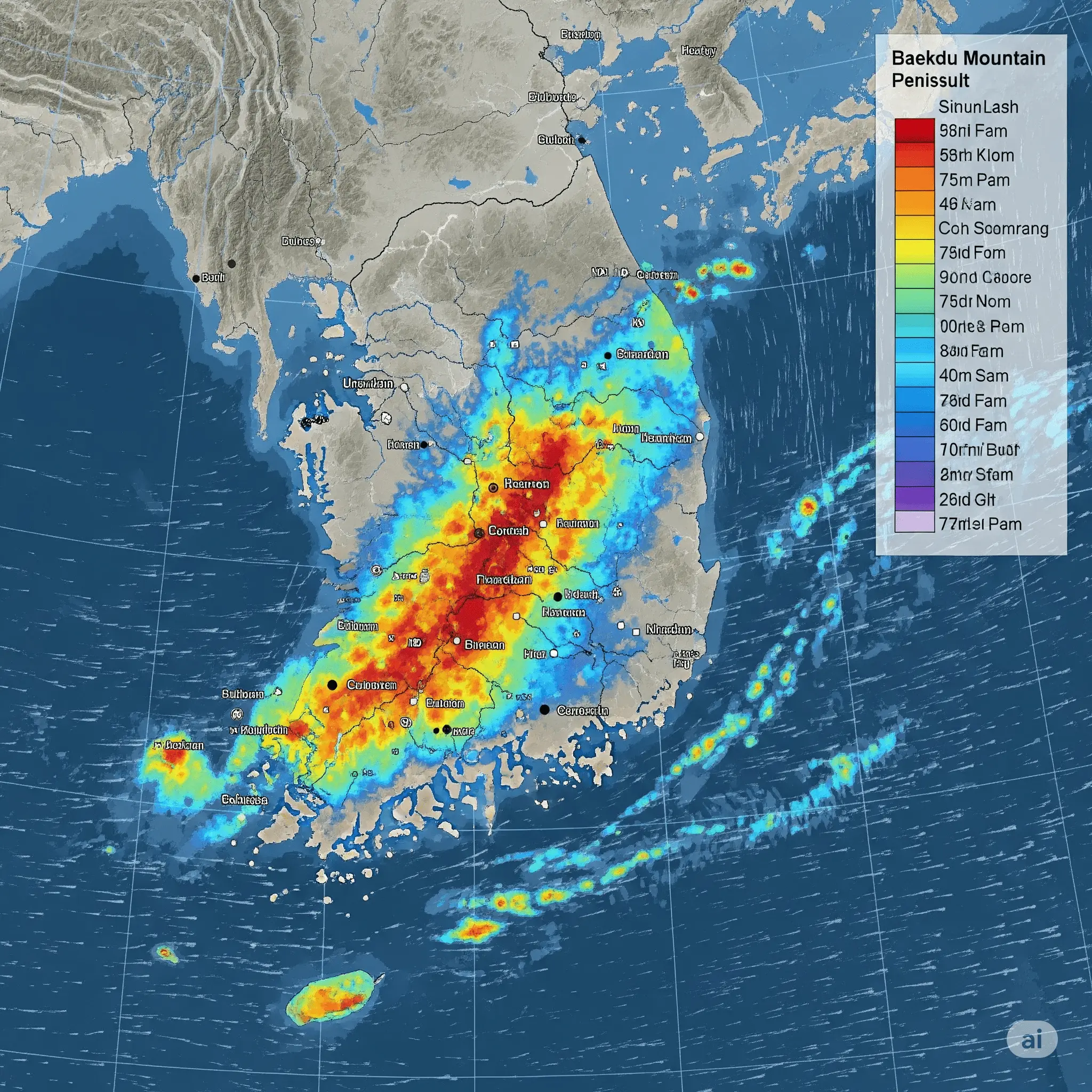 백두산 폭발 시 화산재 확산 예상 경로 지도