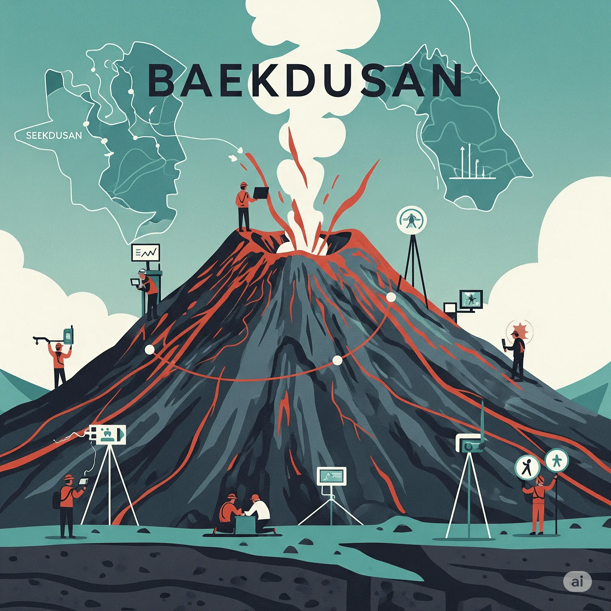 Mt. Baekdu Cheonji Lake and volcanic activity monitoring equipment, scientific analysis image with seismic wave graphs