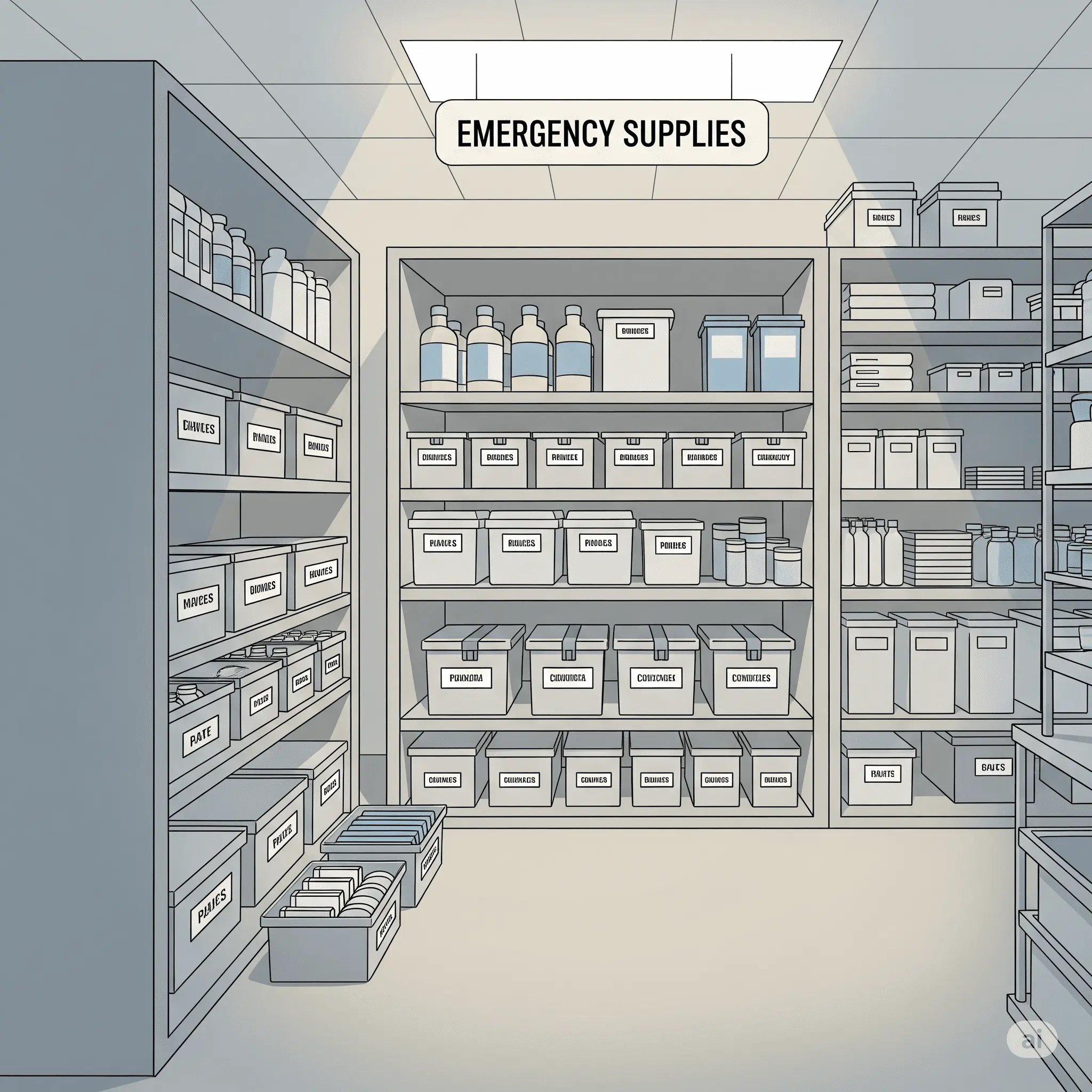 Systematically organized emergency supply storage, food and household goods categorized and stored