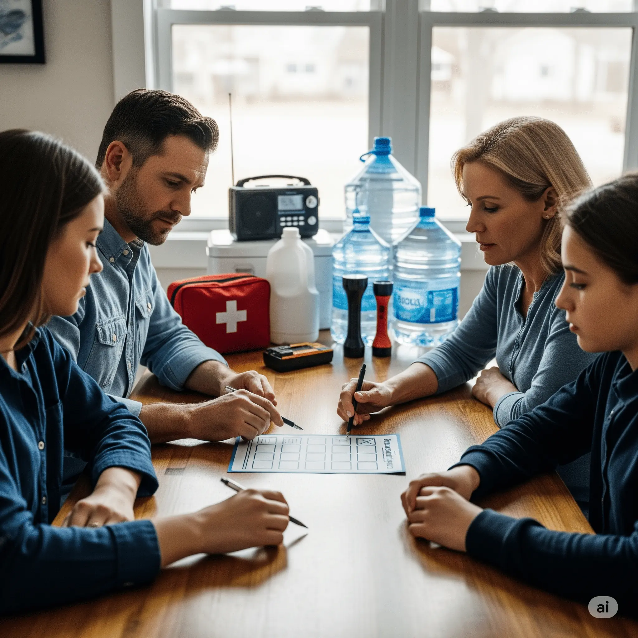 Family sitting around table discussing emergency plans and writing checklists, with organized emergency supplies visible in background