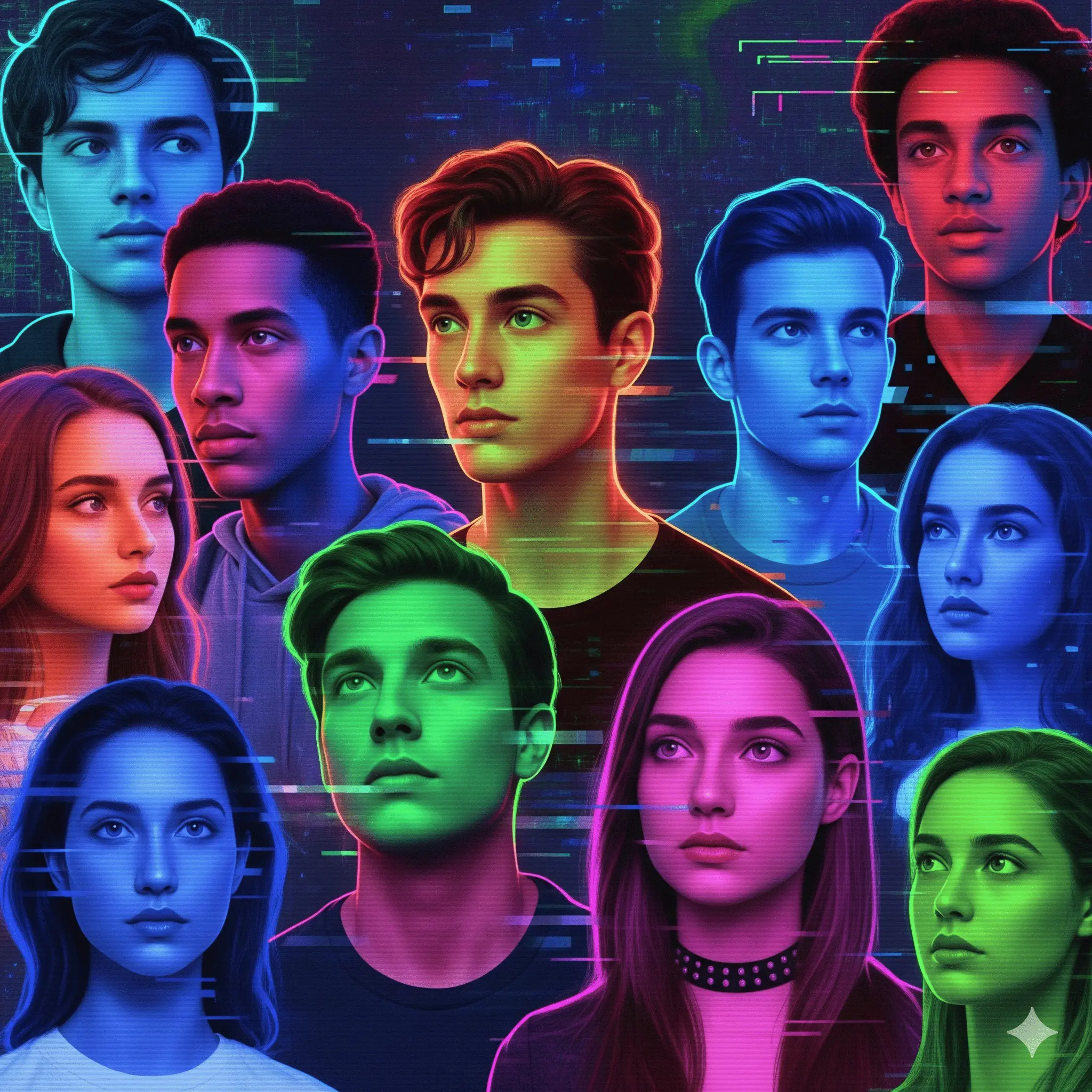Symbolic representation of the Gen Z Stare with blank expressions from various young people