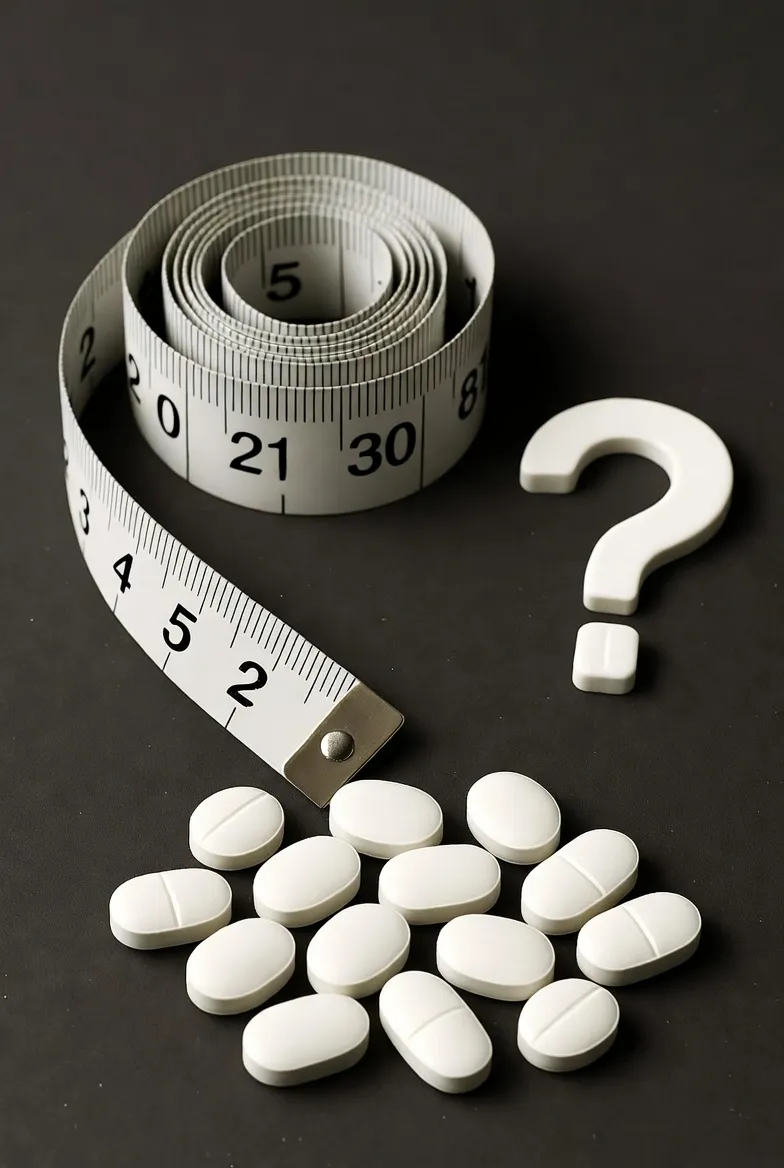 An image showing numerous pills, a measuring tape, and question marks, symbolizing doubt about adult height growth supplements.