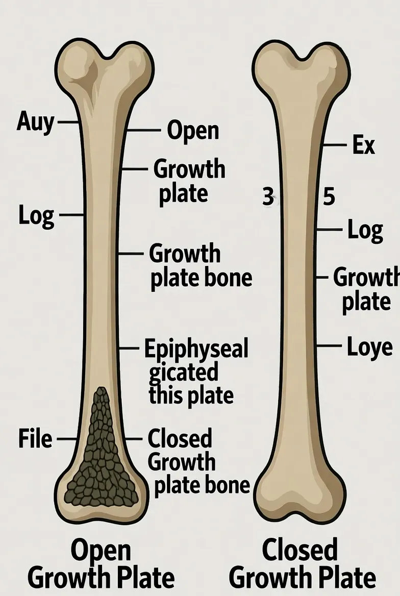 성장판이 열려있는 상태와 닫힌 상태를 보여주는 뼈의 엑스레이 이미지 비교