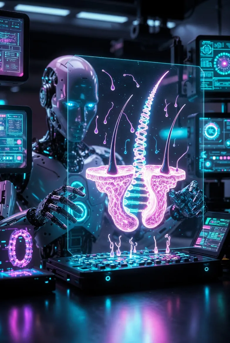 AI analyzing hair follicle structure and DNA sequence for hair loss treatment