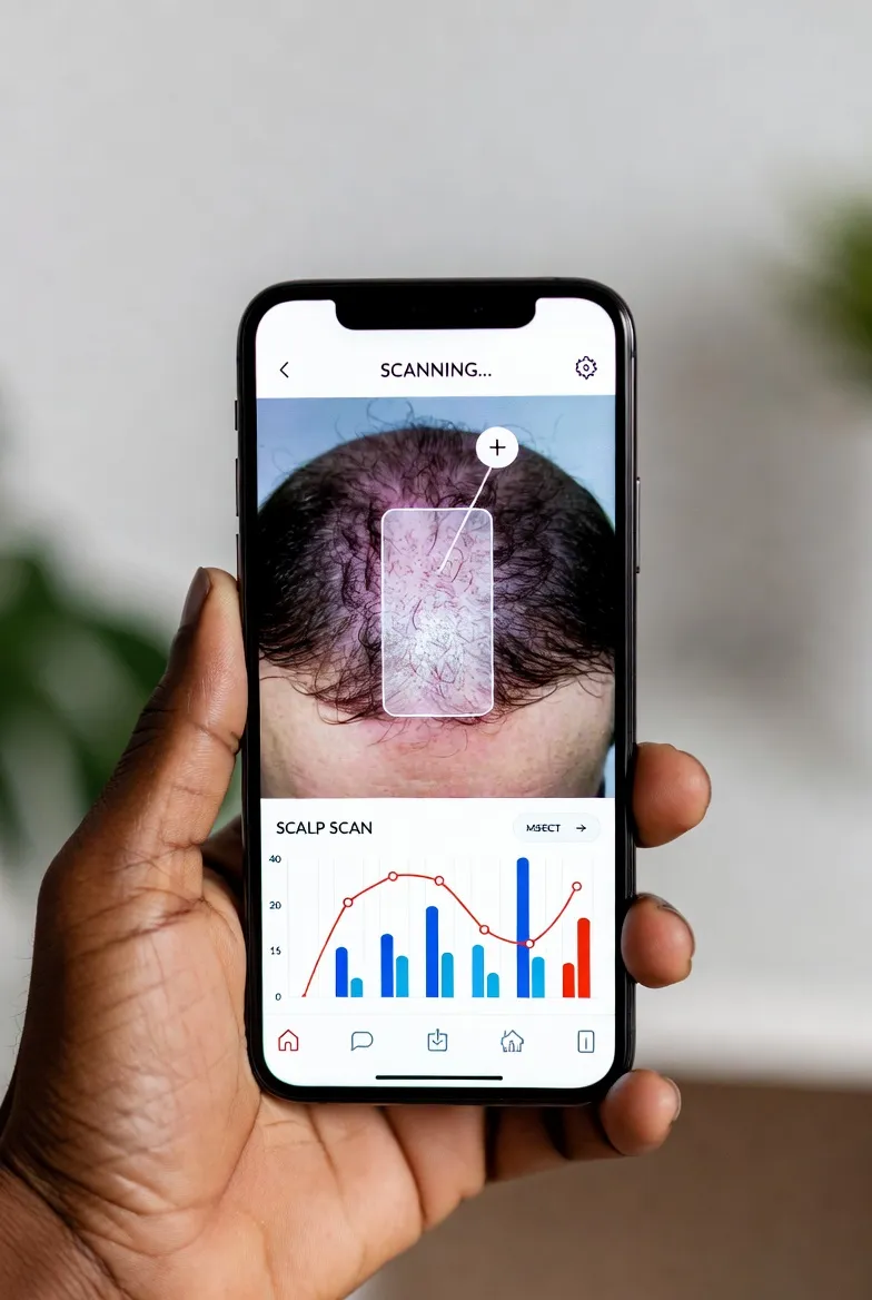 Smartphone app interface showing AI analysis of scalp health and hair density