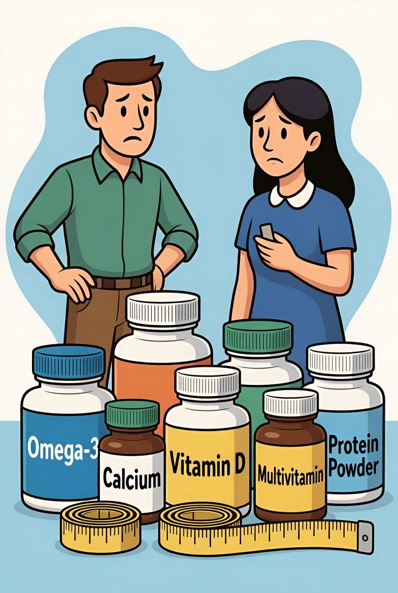 Supplement bottles, a measuring tape, and a person looking concerned