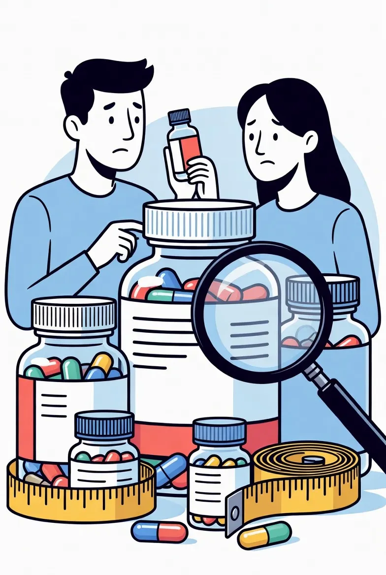 Looking closely at a supplement ingredient label with a magnifying glass