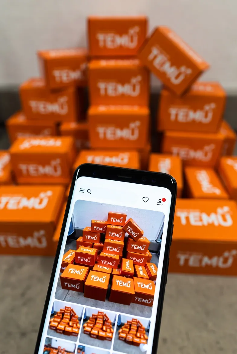 수많은 오렌지색 테무 택배 상자가 쌓여있는 모습과 스마트폰 앱 화면