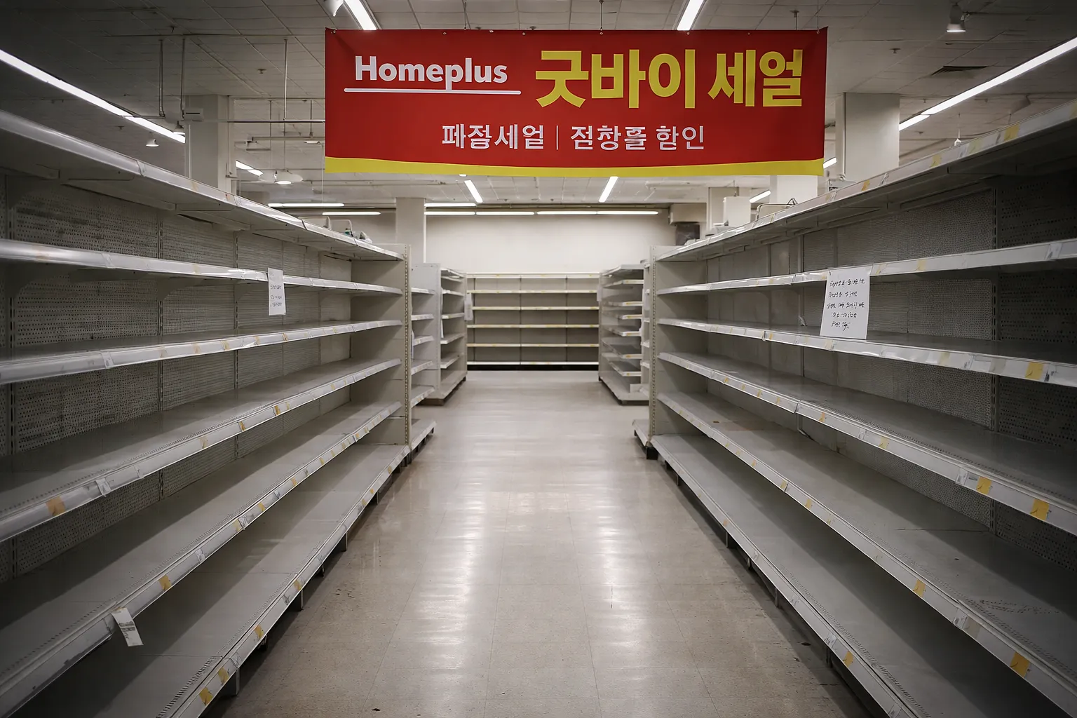 A bleak landscape of empty Homeplus store shelves with a goodbye banner
