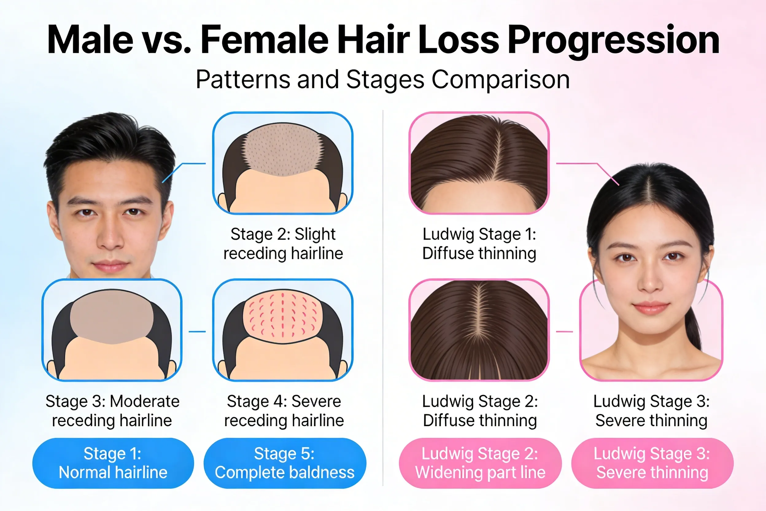 Comprehensive infographic showing hair loss progression stages, comparison of male and female hair loss patterns, modern medical illustration style