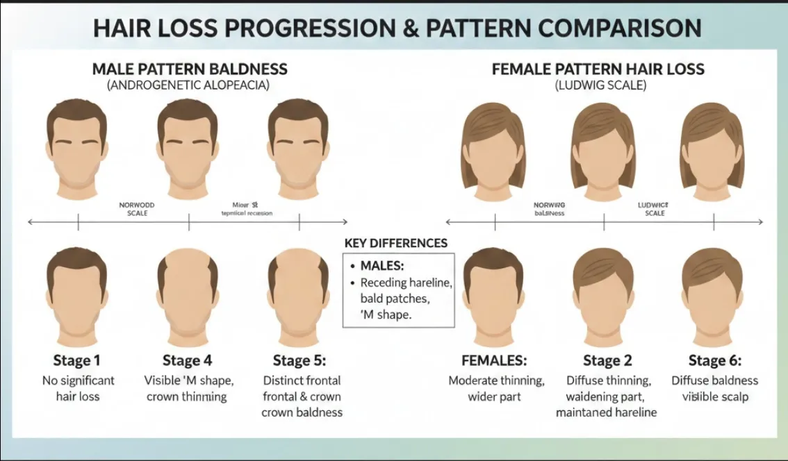 탈모 진행 단계와 치료법을 보여주는 종합 인포그래픽, 남성과 여성의 탈모 패턴 비교, 현대적인 의료 일러스트레이션 스타일