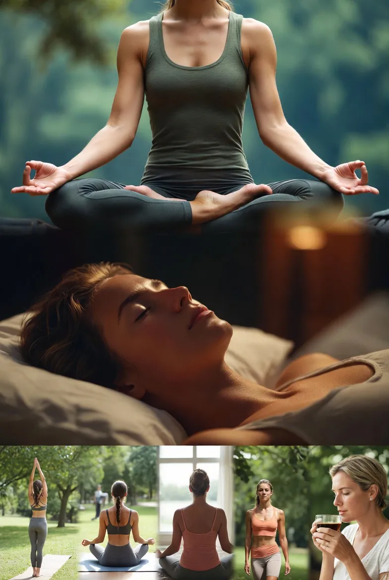 Split image showing woman meditating, person sleeping comfortably, stress management activities including yoga and walking