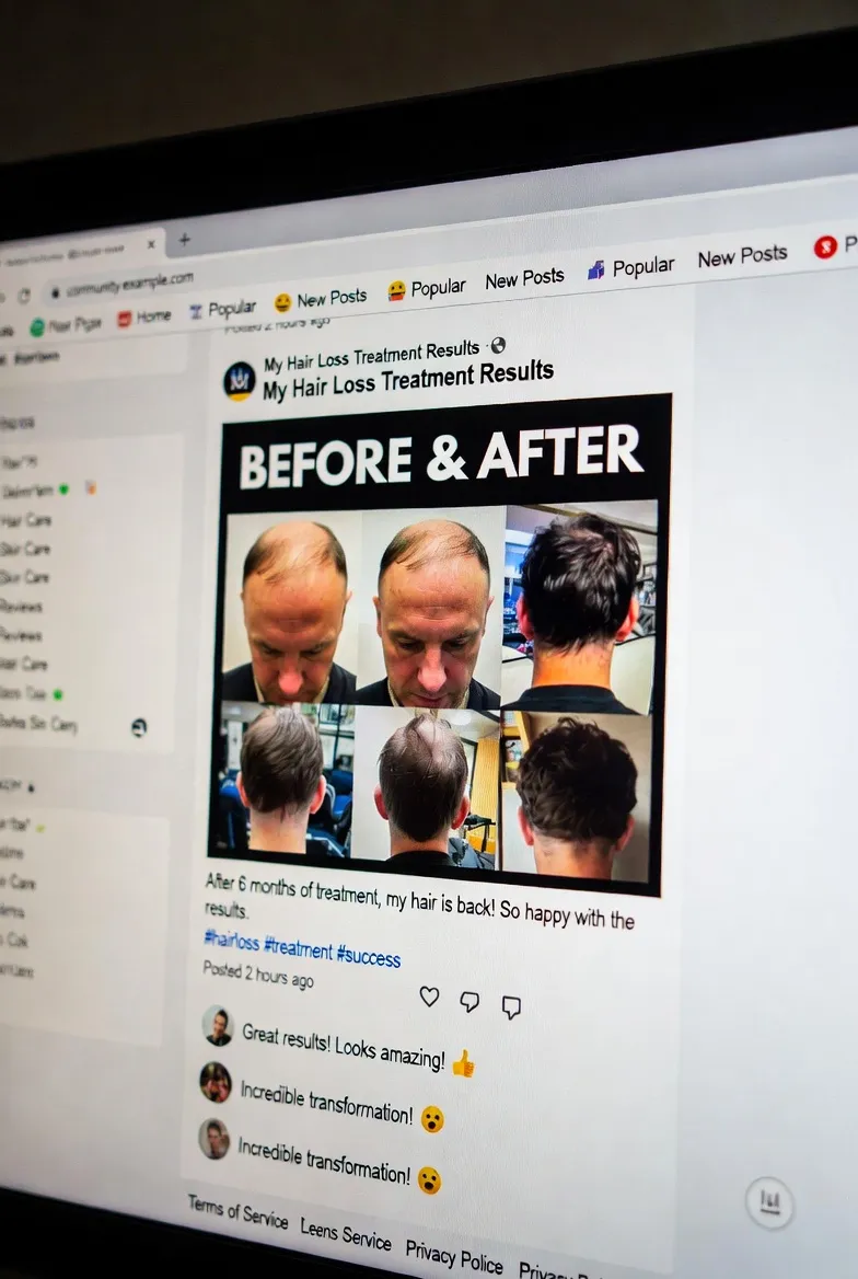Collage showing online community members sharing hair loss treatment reviews, before/after photos, encouraging comments