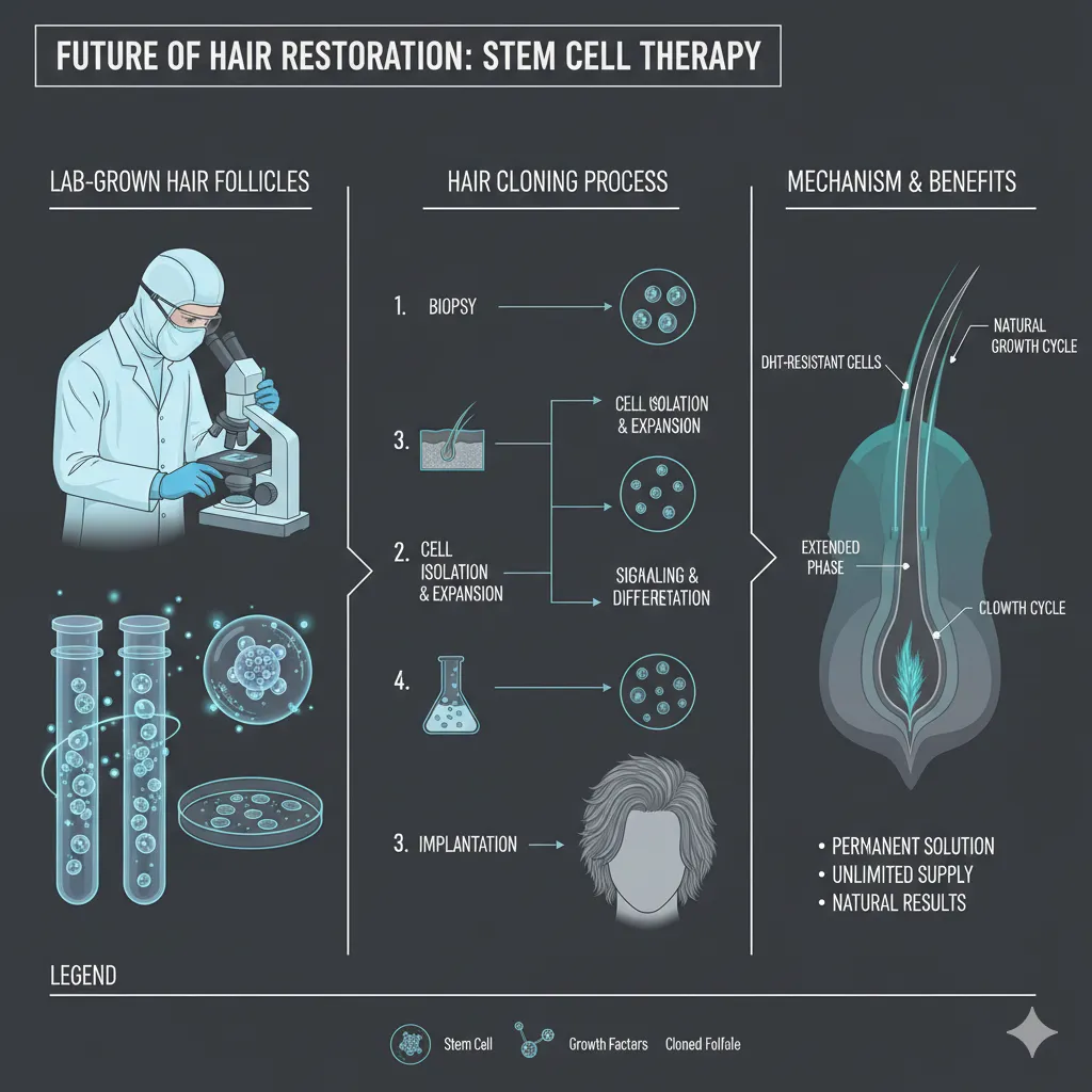 Concept illustration of future stem cell hair loss treatment, hair follicle cells in culture dish, futuristic medical illustration showing hair cloning process