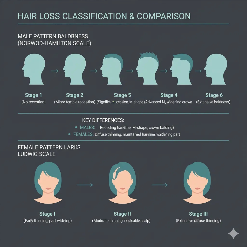 Medical illustration comparing Norwood-Hamilton classification 7 stages for male pattern hair loss and Ludwig classification 3 stages for female pattern hair loss, various forms of alopecia areata