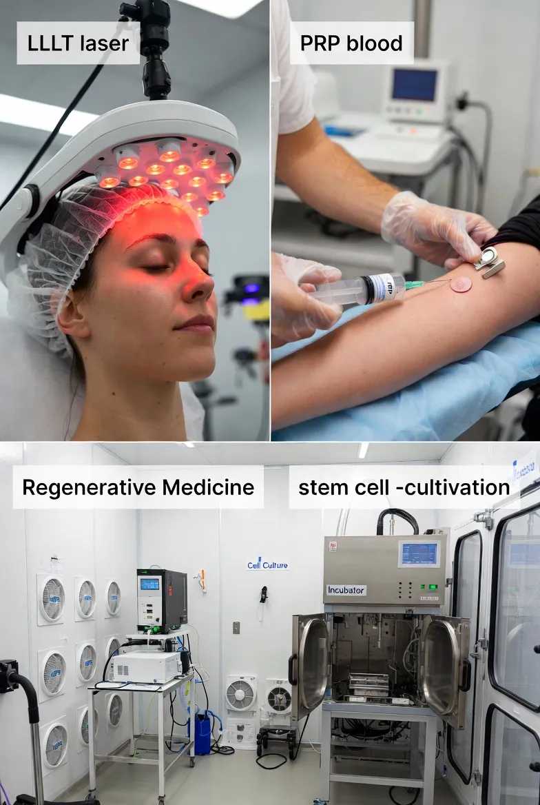 Modern medical treatment collage showing LLLT laser helmet, PRP injection procedure, stem cell laboratory culture facility
