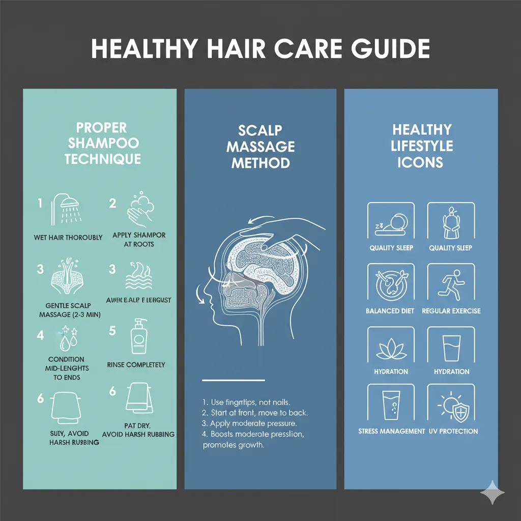 5-step infographic showing proper shampooing technique, hand movements for scalp massage, icon set of healthy lifestyle habits including no smoking, exercise, sleep