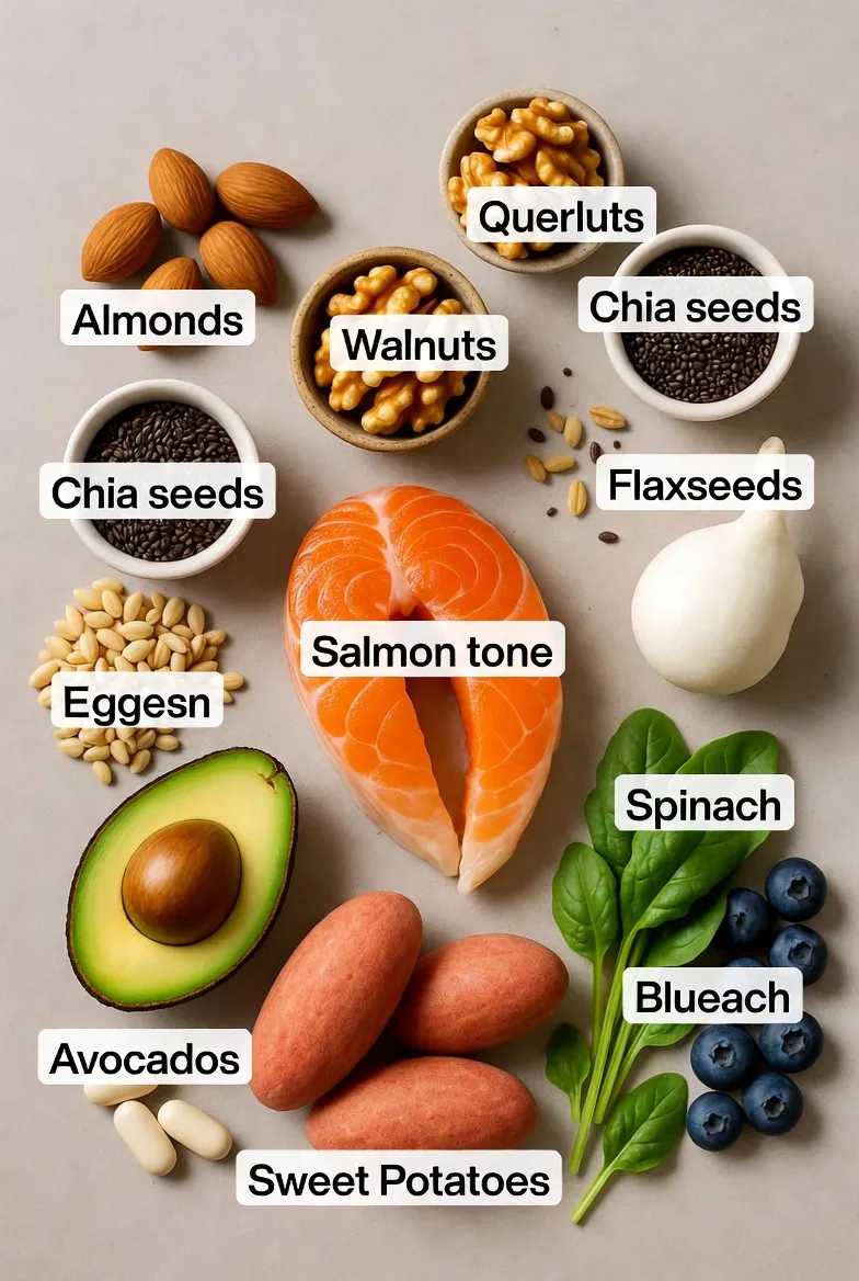 Flat lay photo of superfoods for hair health - eggs, avocado, salmon, walnuts, spinach, pumpkin seeds, lentils, broccoli arranged on wooden table