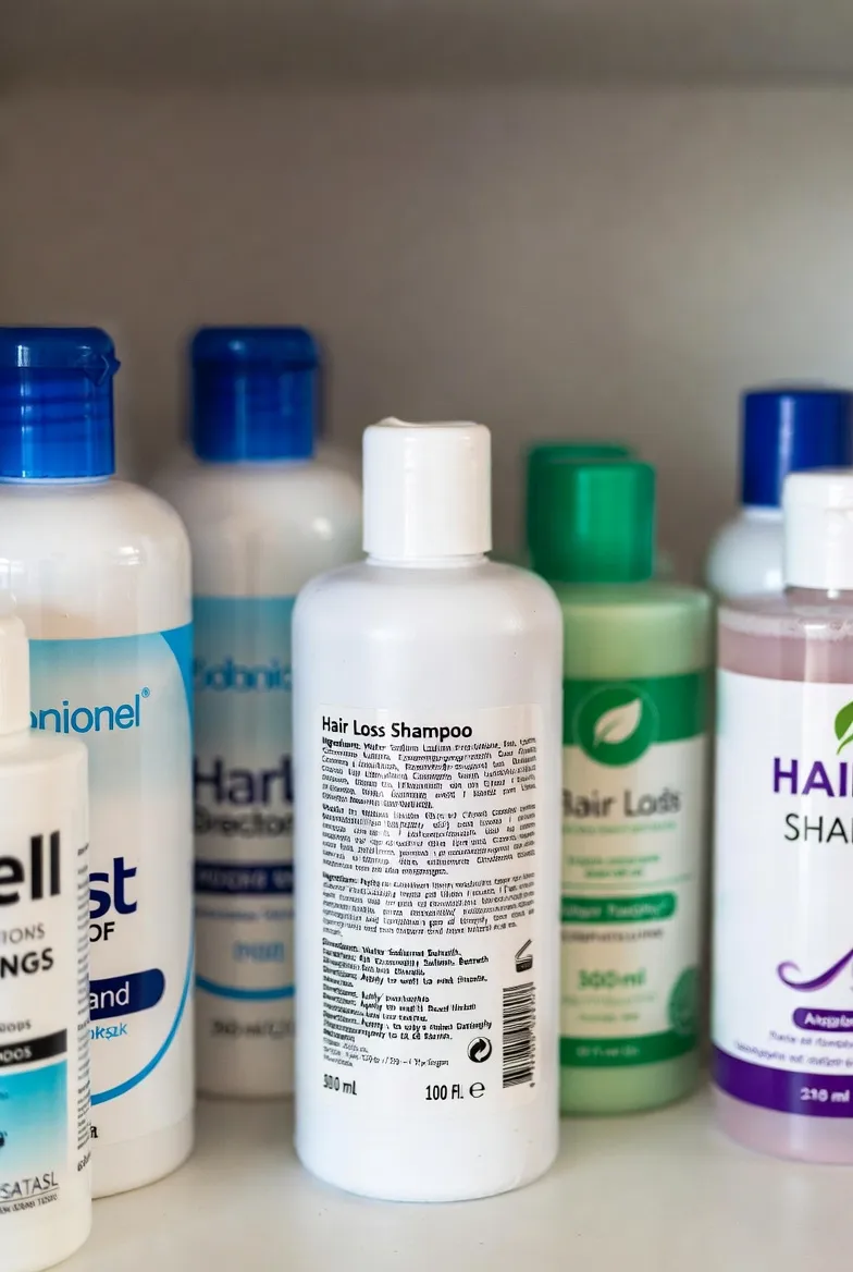 Popular 2026 hair loss shampoo products arranged on bathroom shelf, close-up of labels showing ketoconazole and caffeine ingredients