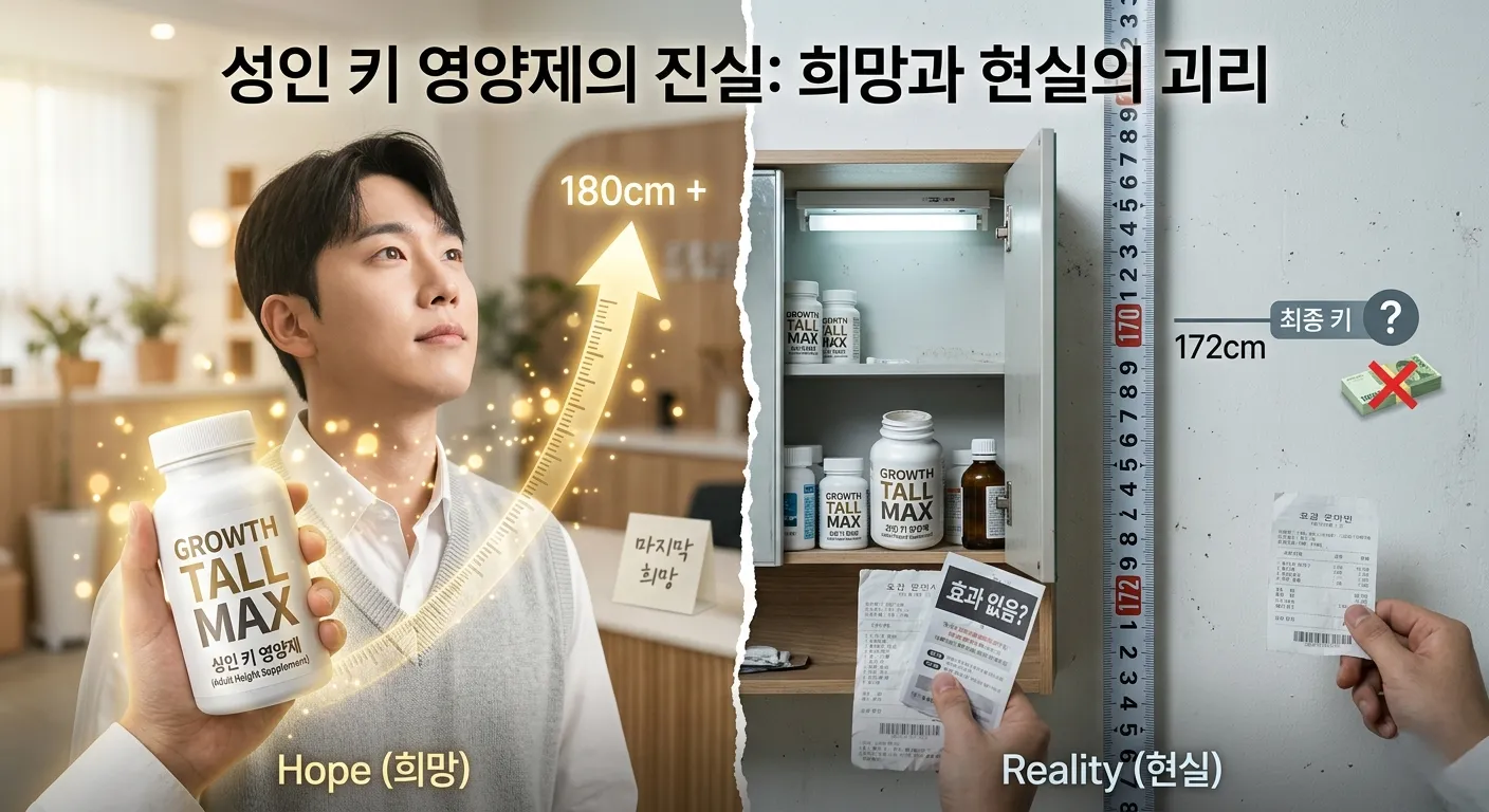 성인 키 영양제의 진실을 상징하는 이미지 - 희망과 현실의 괴리를 표현