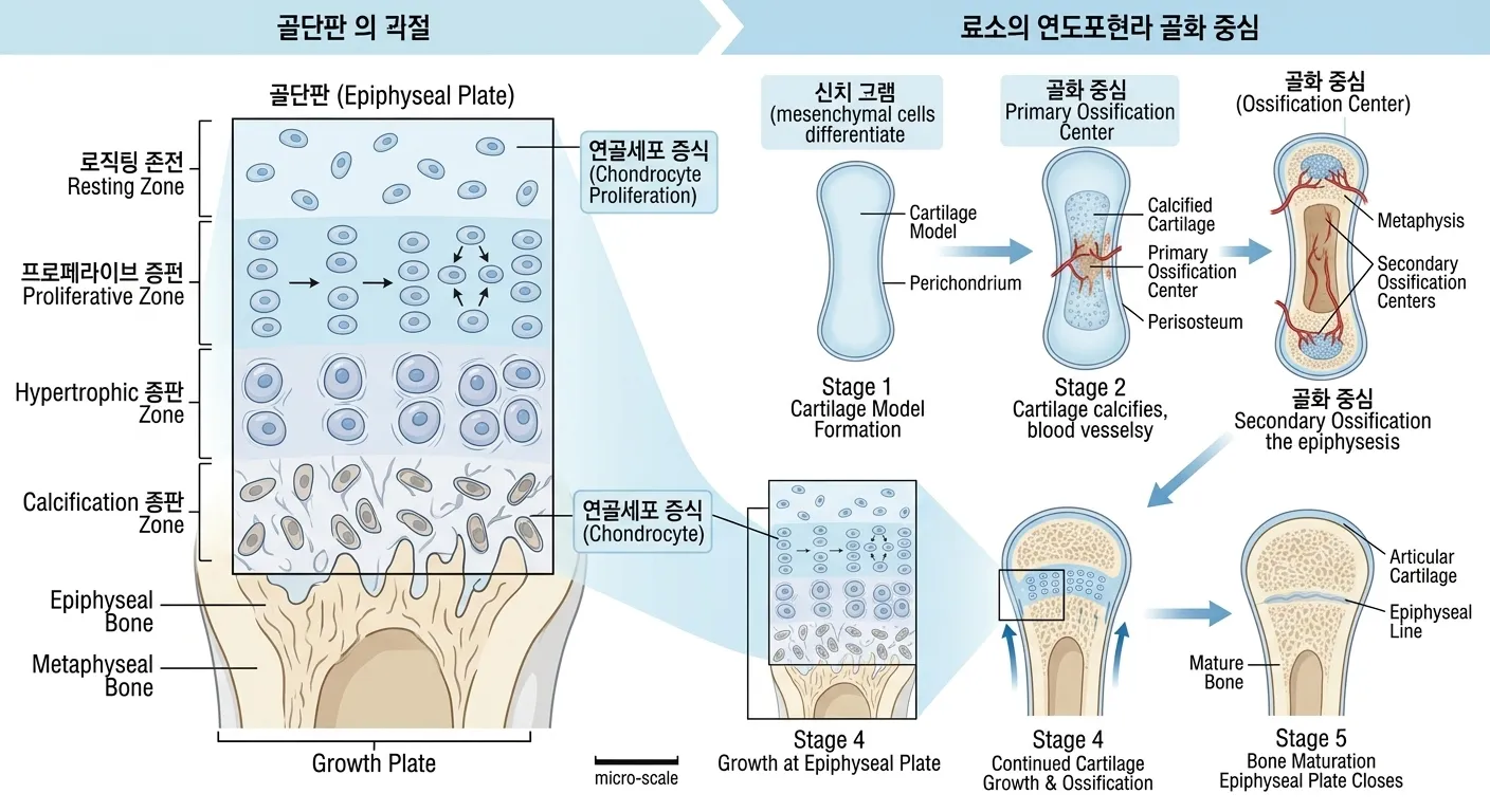 성장판의 구조와 골화 과정을 설명하는 의학적 다이어그램