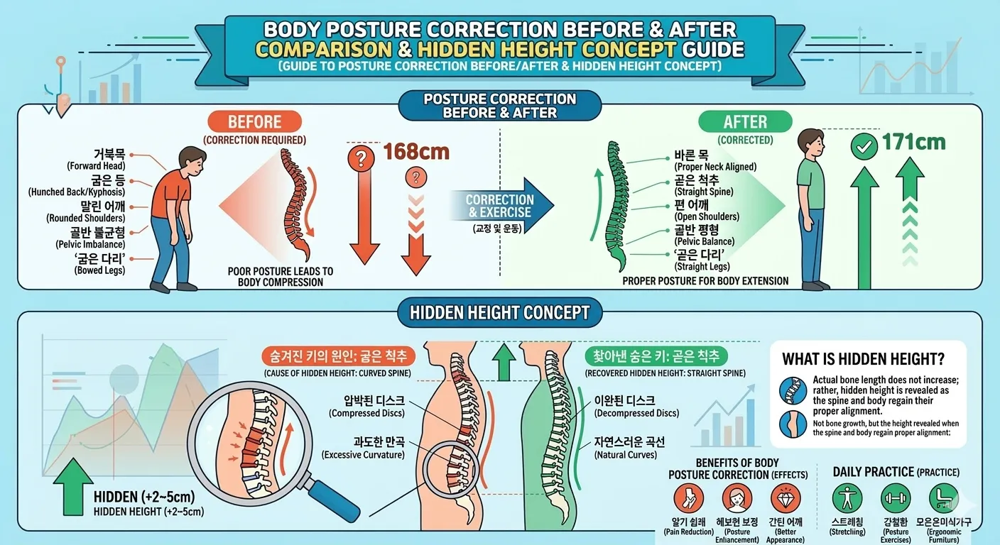Infographic explaining posture correction before/after and hidden height concept