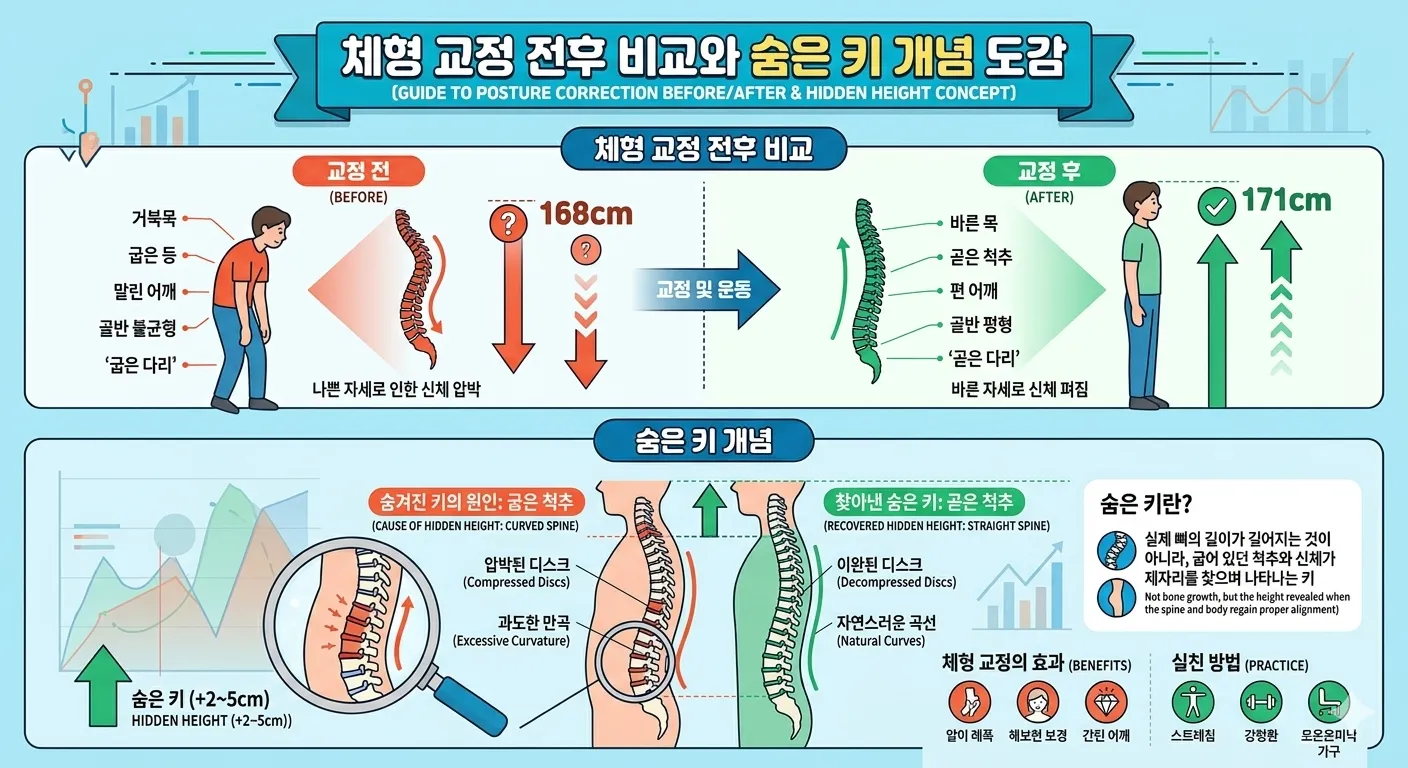 체형 교정 전후 비교와 숨은 키 개념을 설명하는 인포그래픽