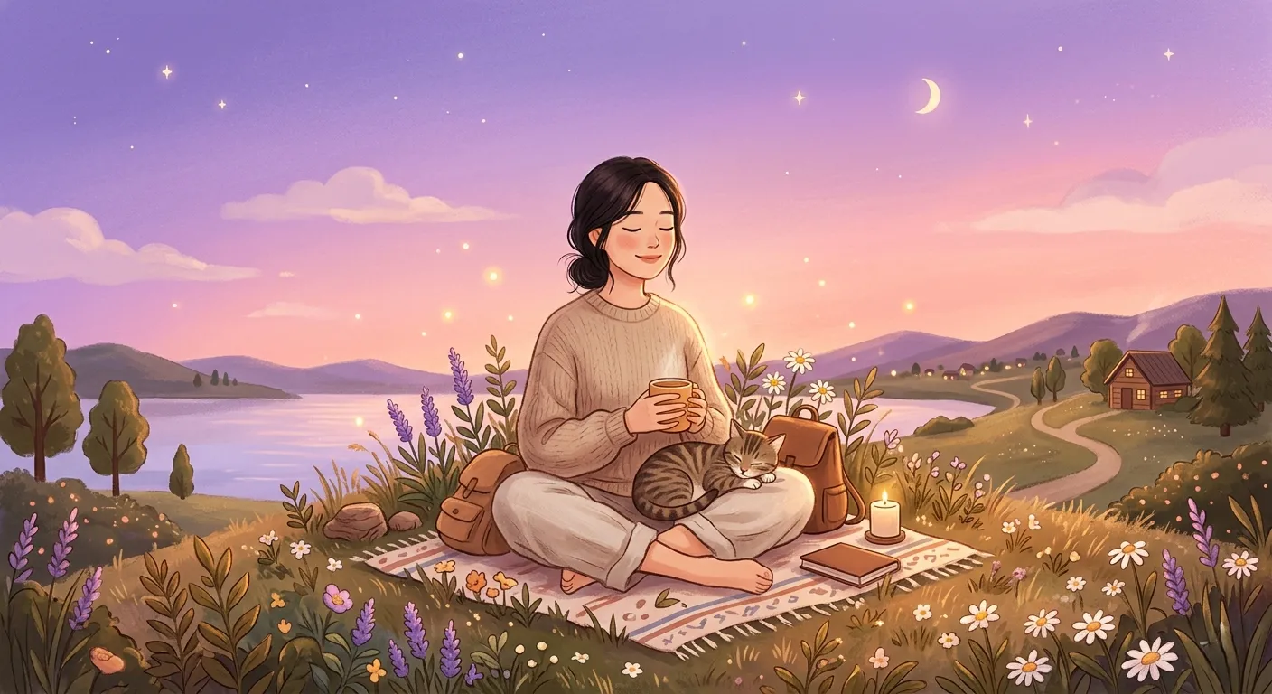 Warm illustration of person finding peace of mind, purple and pink gradient background