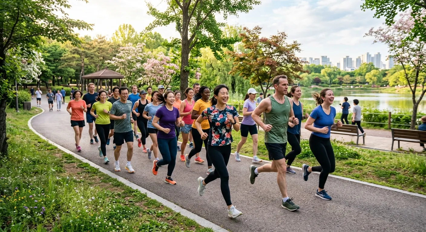 People jogging in a park, group exercise vitality