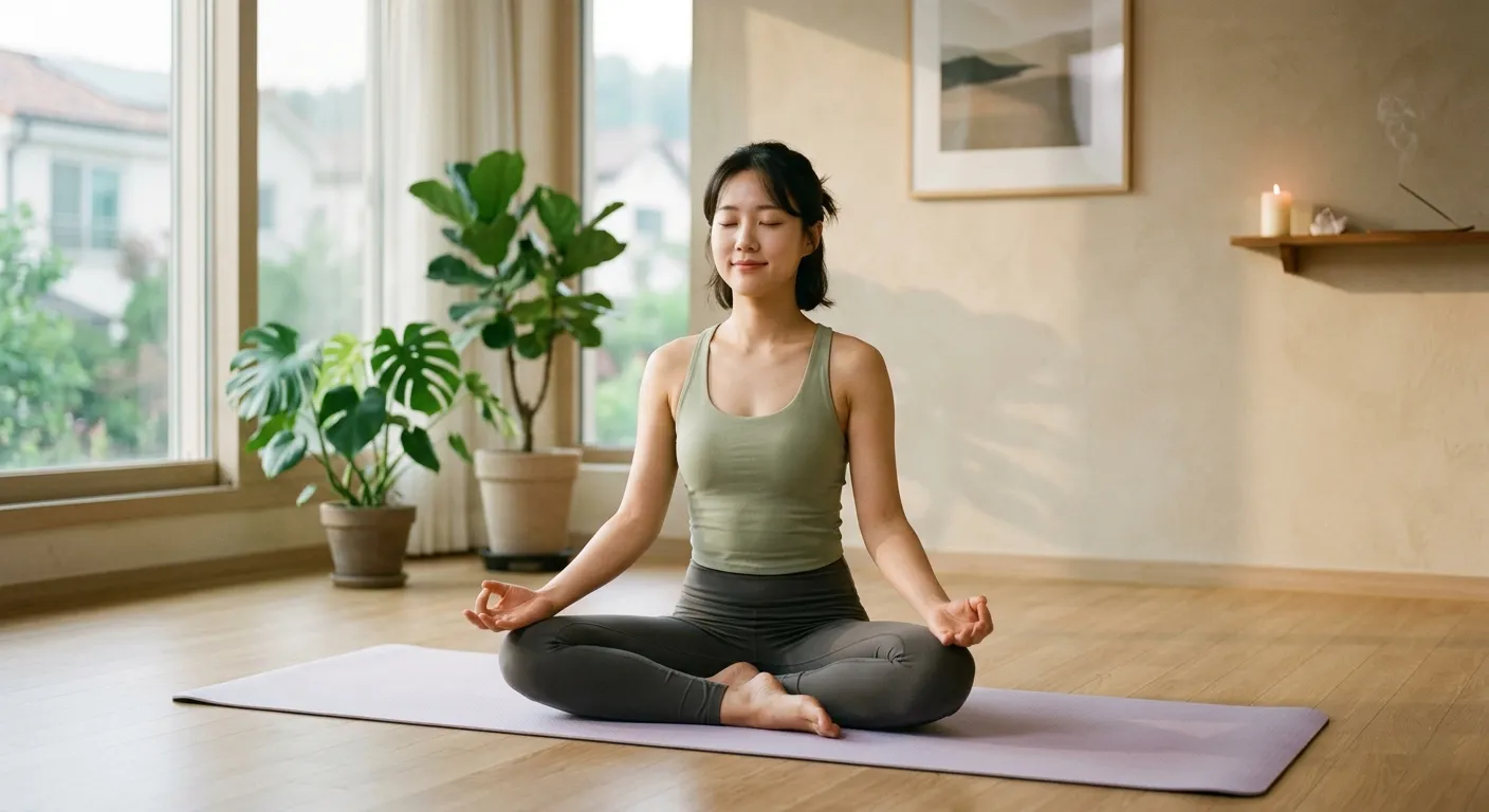 meditating on yoga mat with peaceful expression