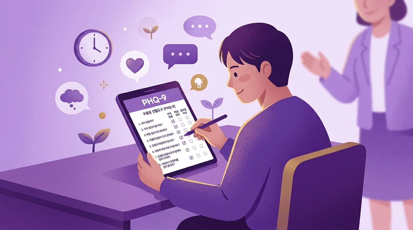 Illustration of person taking mental health assessment, warm purple tones