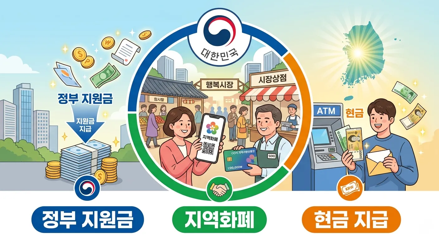 2026년 전쟁추경 민생지원금 개념 이미지 - 현금 지원금과 지역화폐