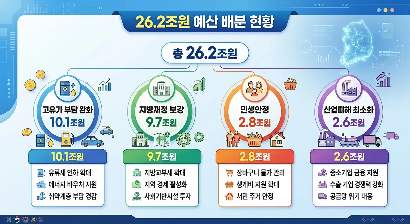 2026년 전쟁추경 예산 배분 현황 - 고유가 부담 완화, 민생안정, 산업피해 최소화