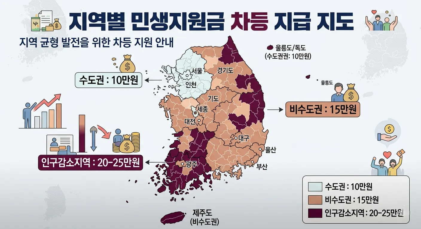 지역별 민생지원금 차등 지급 지도 - 수도권 10만원, 비수도권 15만원, 인구감소지역 20-25만원