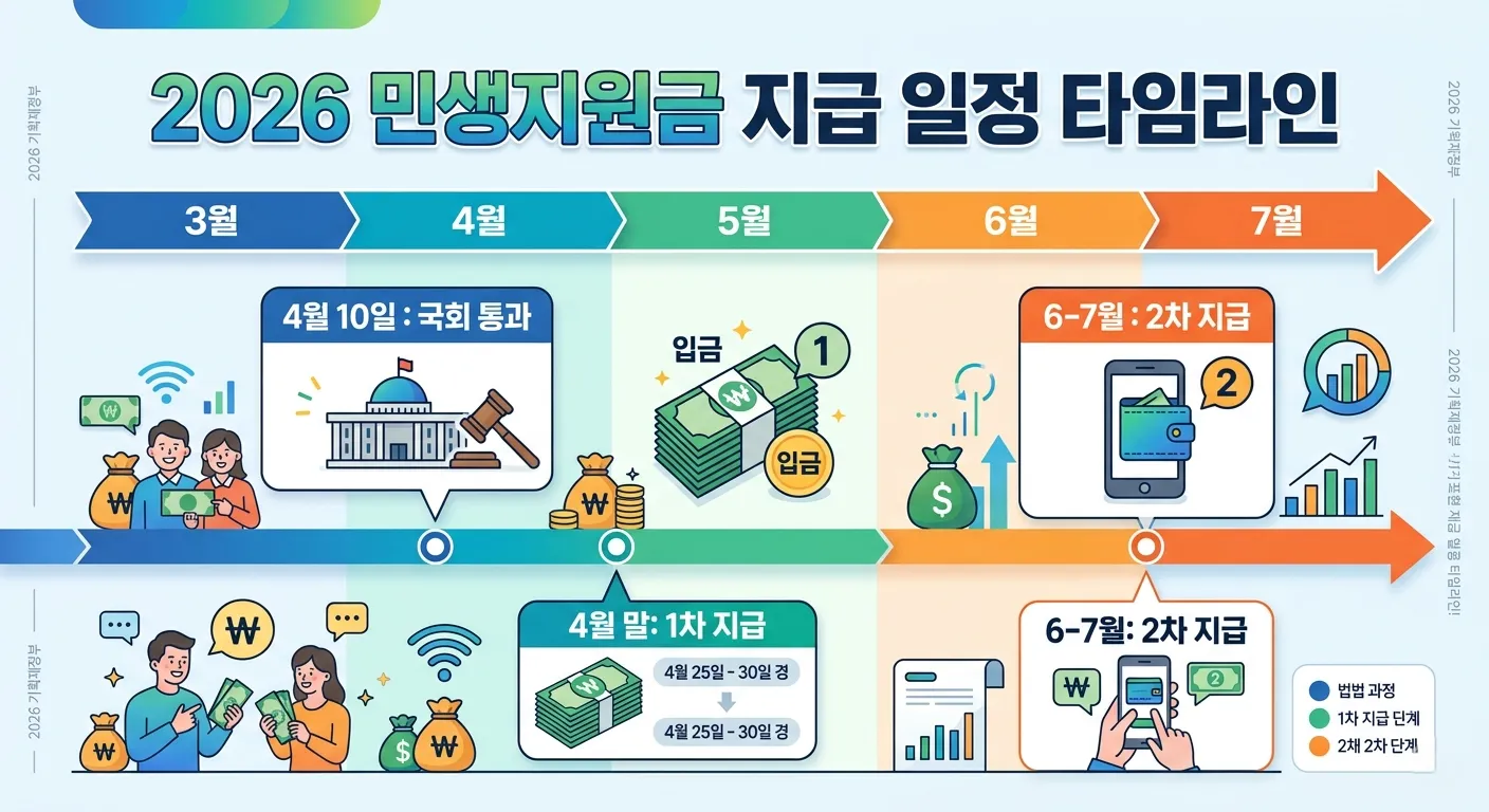 민생지원금 지급 일정 타임라인 - 4월 10일 국회 통과, 4월 말 1차 지급, 6-7월 2차 지급