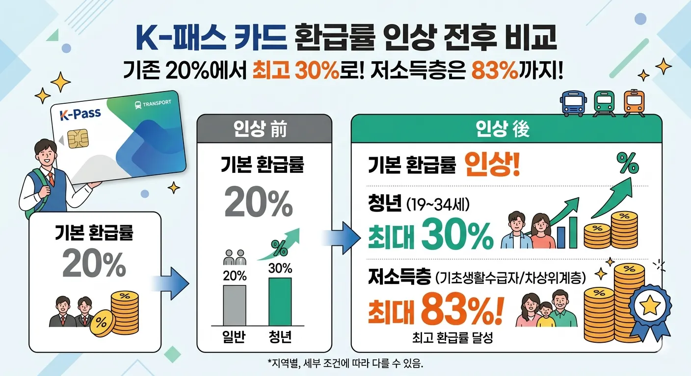 K-패스 카드와 환급률 비교 인포그래픽 - 기존 20%에서 30%로, 저소득층 83%까지