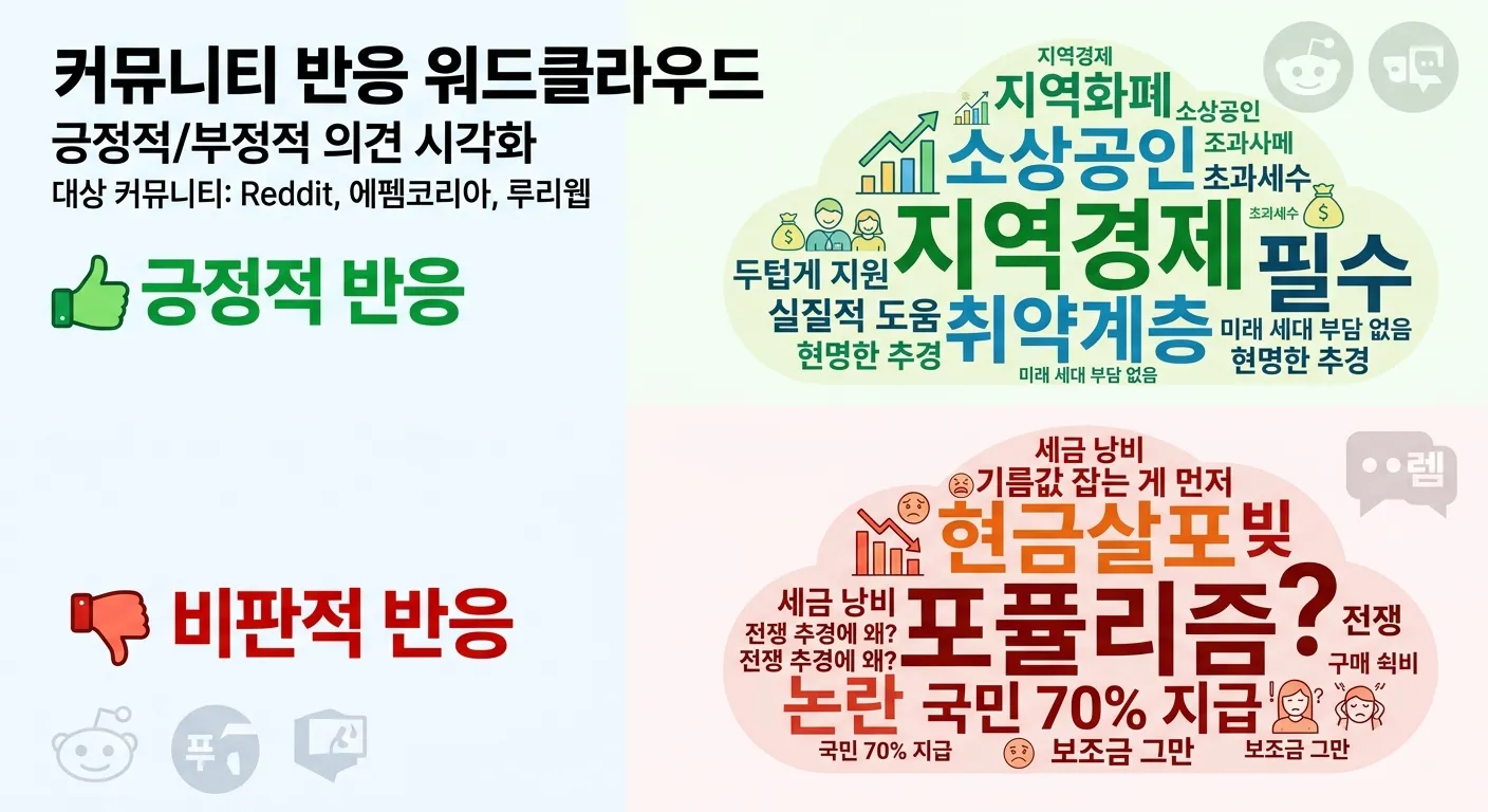 커뮤니티 반응 워드클라우드 - 긍정적/부정적 의견 시각화